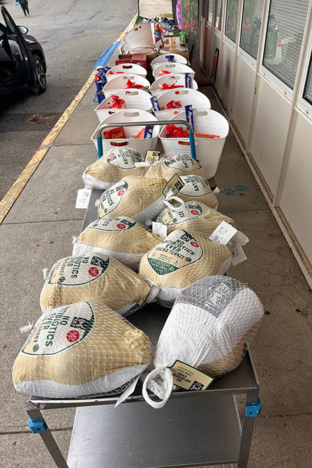Wrapped turkeys on a table to be donated