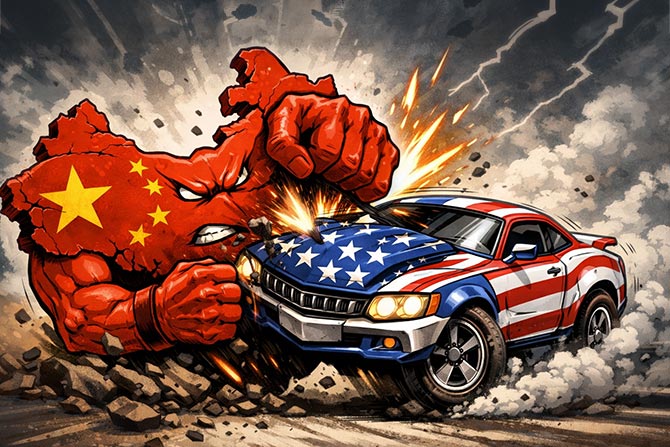 AI image of a map of china smashing a car decorated like an American flag